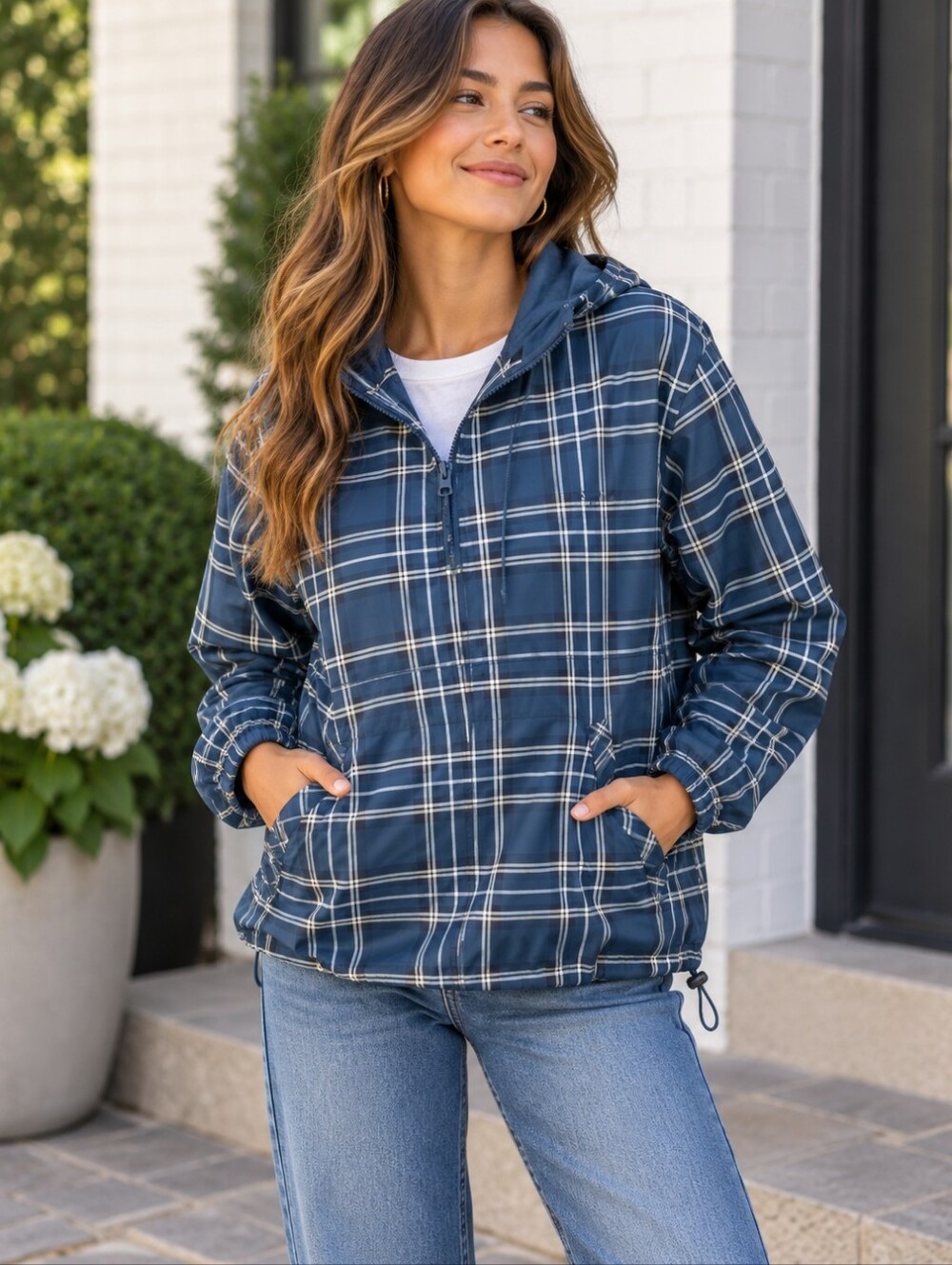 Izod blue Tartan plaid pullover hooded rain jacket sz Small
